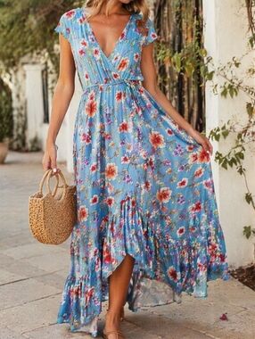 Band of Gypsies Blue Floral Wrap Maxi Dress Boho Ruffle Hem Tie Waist